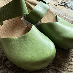 Spring green Dansko Leather Mary-Jane Shoes with Unique Cut-out in Heel